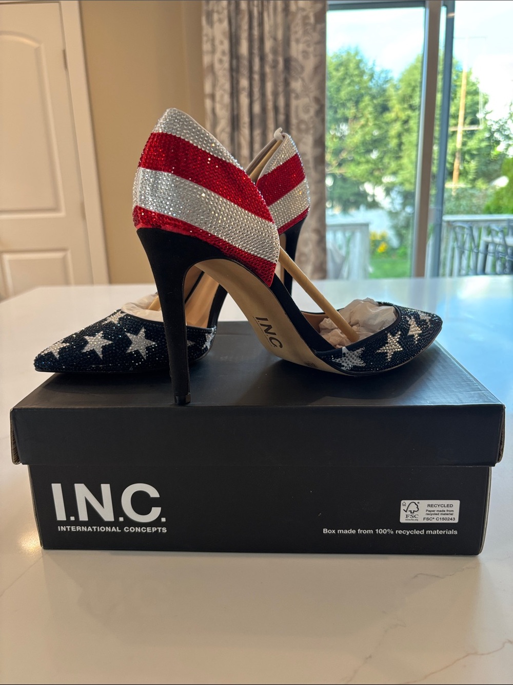 INC International Concepts Red White and Blue Rhinestone Star-Striped Pumps 250 - Picture 4 of 12